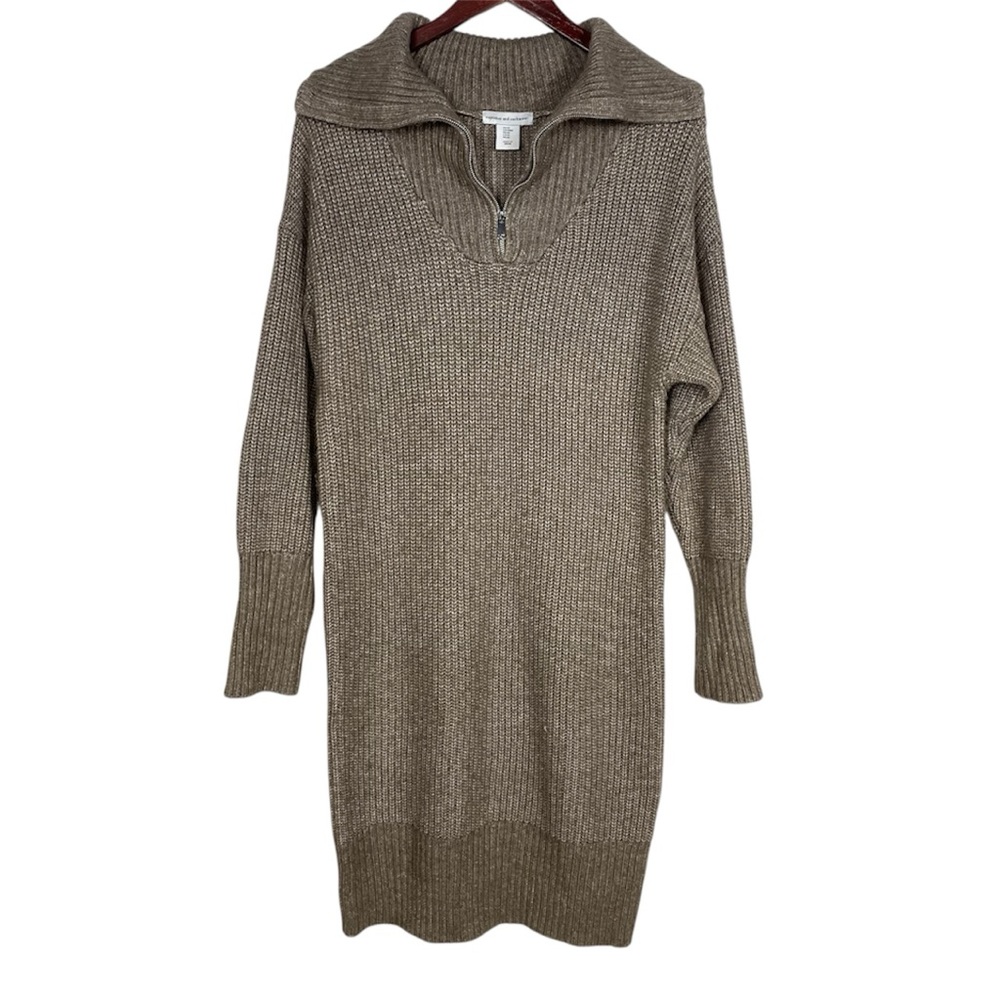 Cupcakes and Cashmere Women's Tan Ribbed Zip Collar Sweater Dress Size M